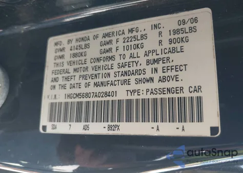 2007 Honda Accord 2.4 Ex from USA, damaged, VIN 1HGCM56807A028401